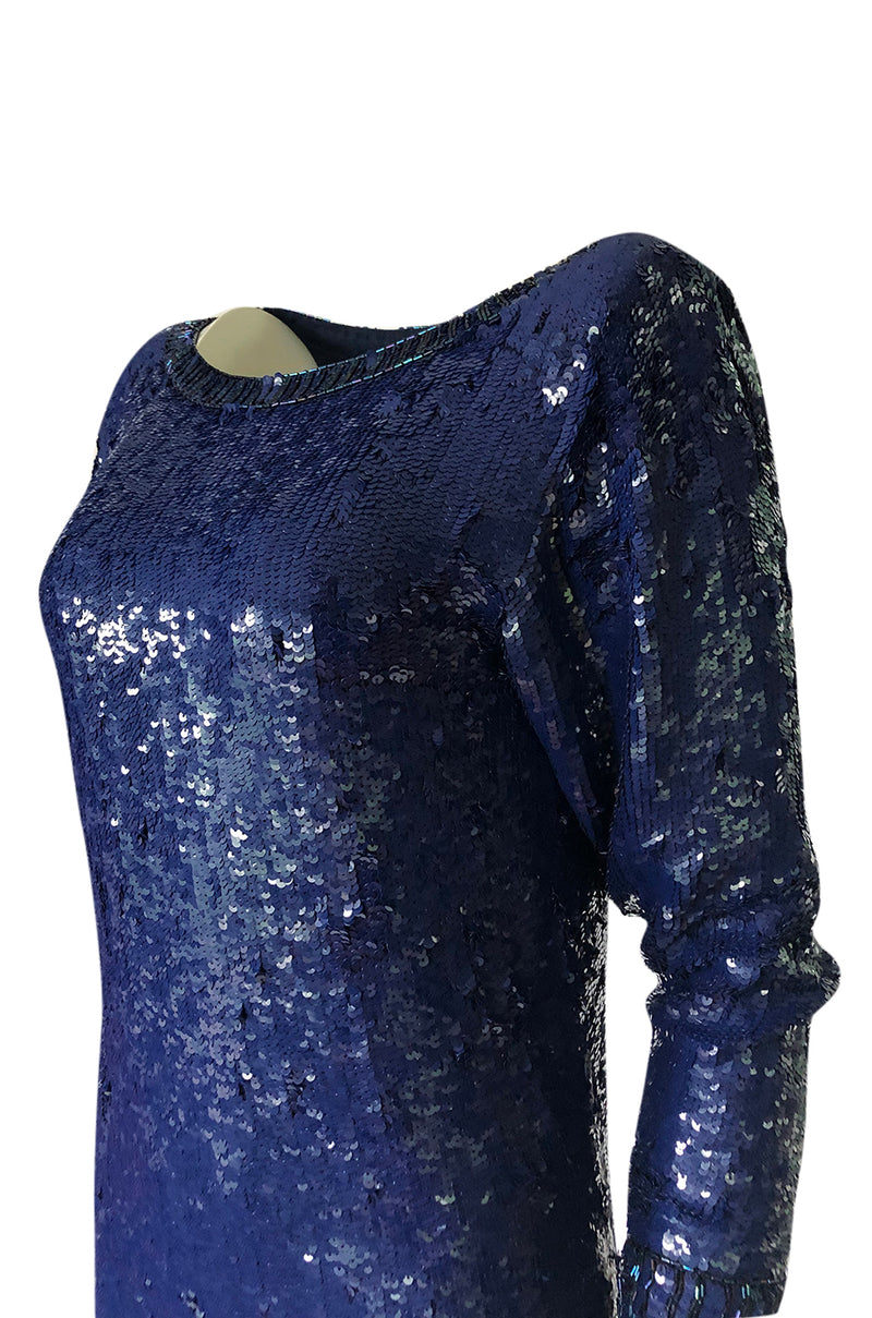 Fall 1985 Yves Saint Laurent Densely Covered Blue Sequin Micro Mini or Tunic