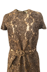 Early 1950s Unlabeled Taupe Ribbon Tape and Net Sheat Dress & Belt