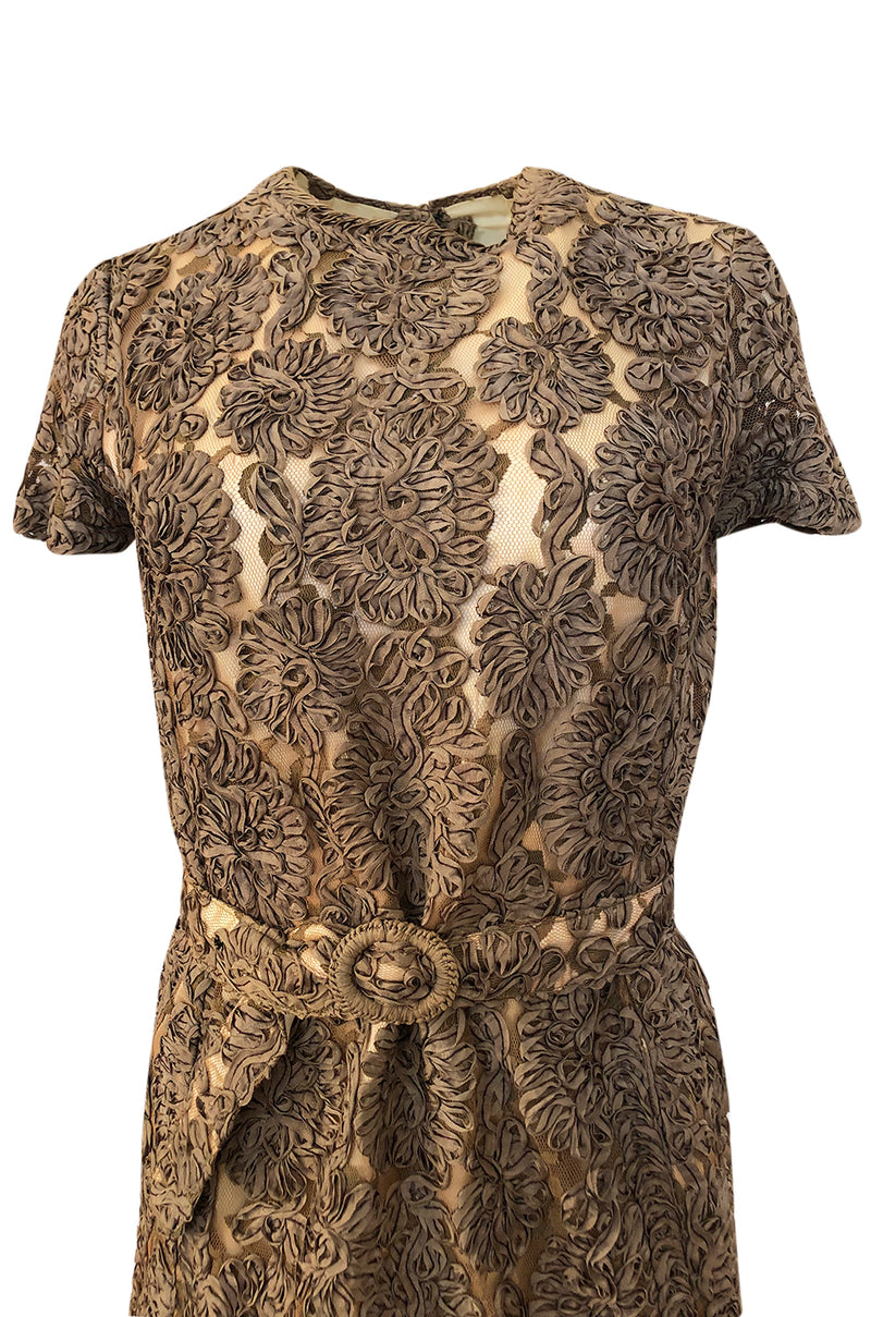 Early 1950s Unlabeled Taupe Ribbon Tape and Net Sheat Dress & Belt