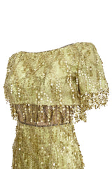 1991 Bob Mackie Gold Sequin Dangle Thread on Metallic Lace Mini Dress
