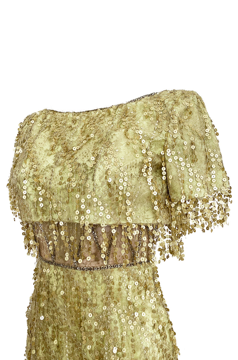 1991 Bob Mackie Gold Sequin Dangle Thread on Metallic Lace Mini Dress