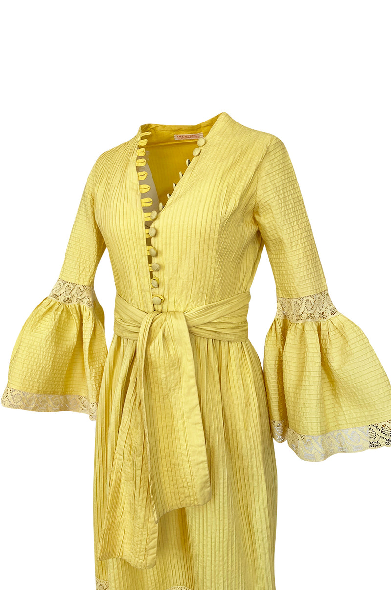 1960s Yellow Mexican Pin Tuck Dress w Extraordinary Bell Sleeve Detail