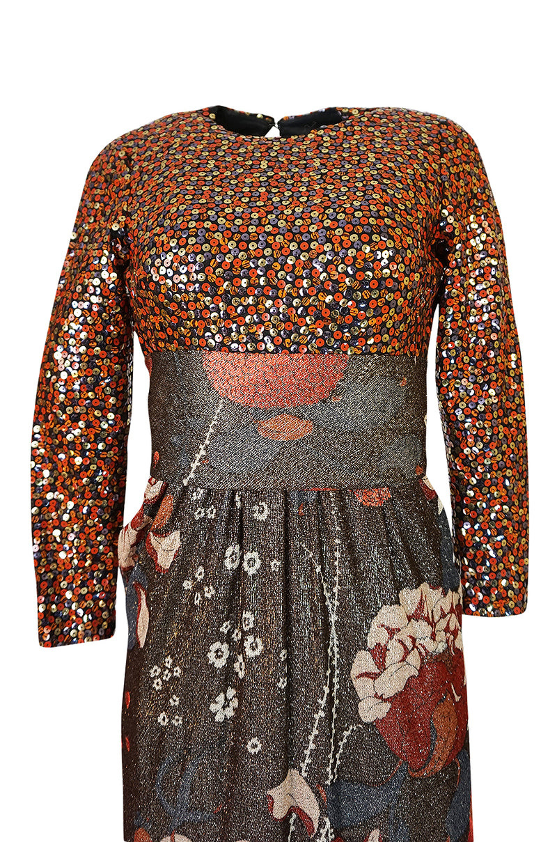 1975 Bill Blass Floral Print Metallic Lurex & Sequin Dress Set
