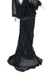 1980s Wayne Clark Backless Silver Glitter Trained Chiffon Dress