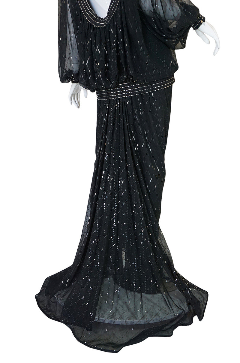 1980s Wayne Clark Backless Silver Glitter Trained Chiffon Dress