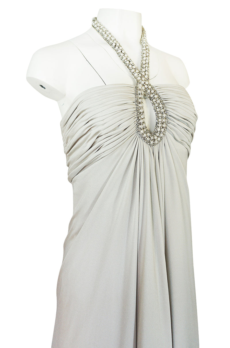 1970s Victoria Royal Pale Grey Jersey Dress w Jeweled Ring Collar