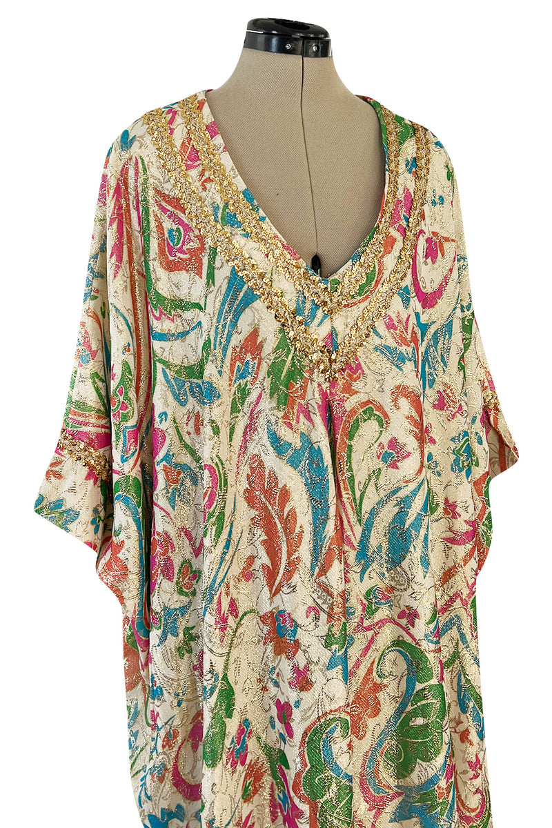 Gorgeous 1960s Lucie Ann Beverly Hills Gold Thread Lame Caftan w Sequin Detailing