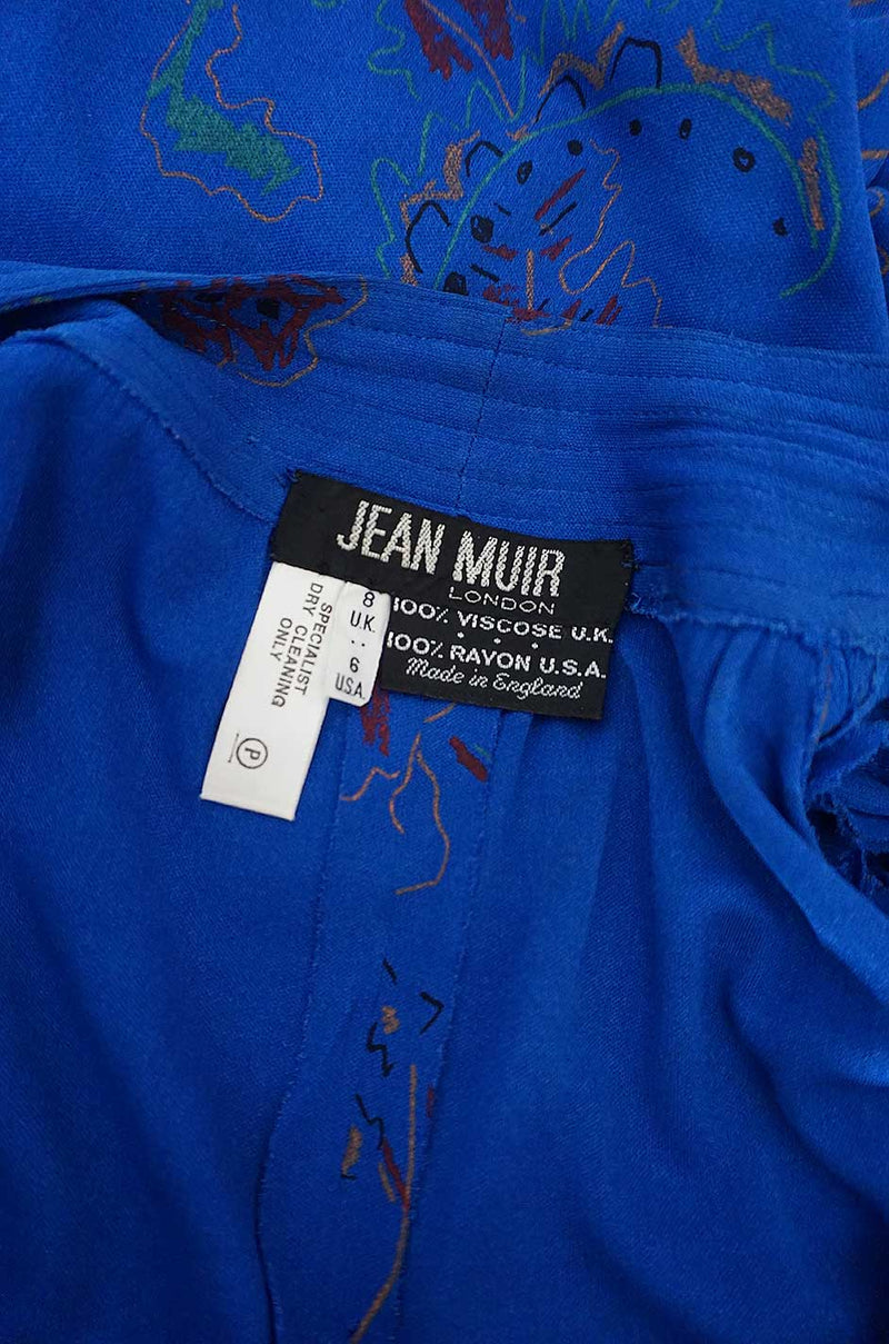 1970s Jean Muir Hand Painted Blue Jersey Smock Dress