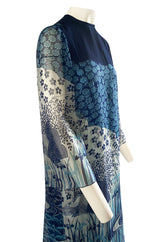 1970s Hanae Mori Silk Chiffon Deep Blue Floral & Water Print Dress
