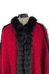 Fabulous 1970s Yves Saint Laurent Red Mohair Cape w Black Fox Fur Trim & Button Detailing