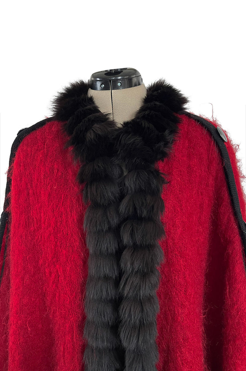 Fabulous 1970s Yves Saint Laurent Red Mohair Cape w Black Fox Fur Trim & Button Detailing