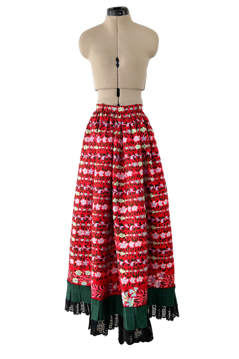 Early 1970s Lanvin by Jules-Francois Crahay Demi-Couture Printed Red Silk Skirt w Green & Lace Edging