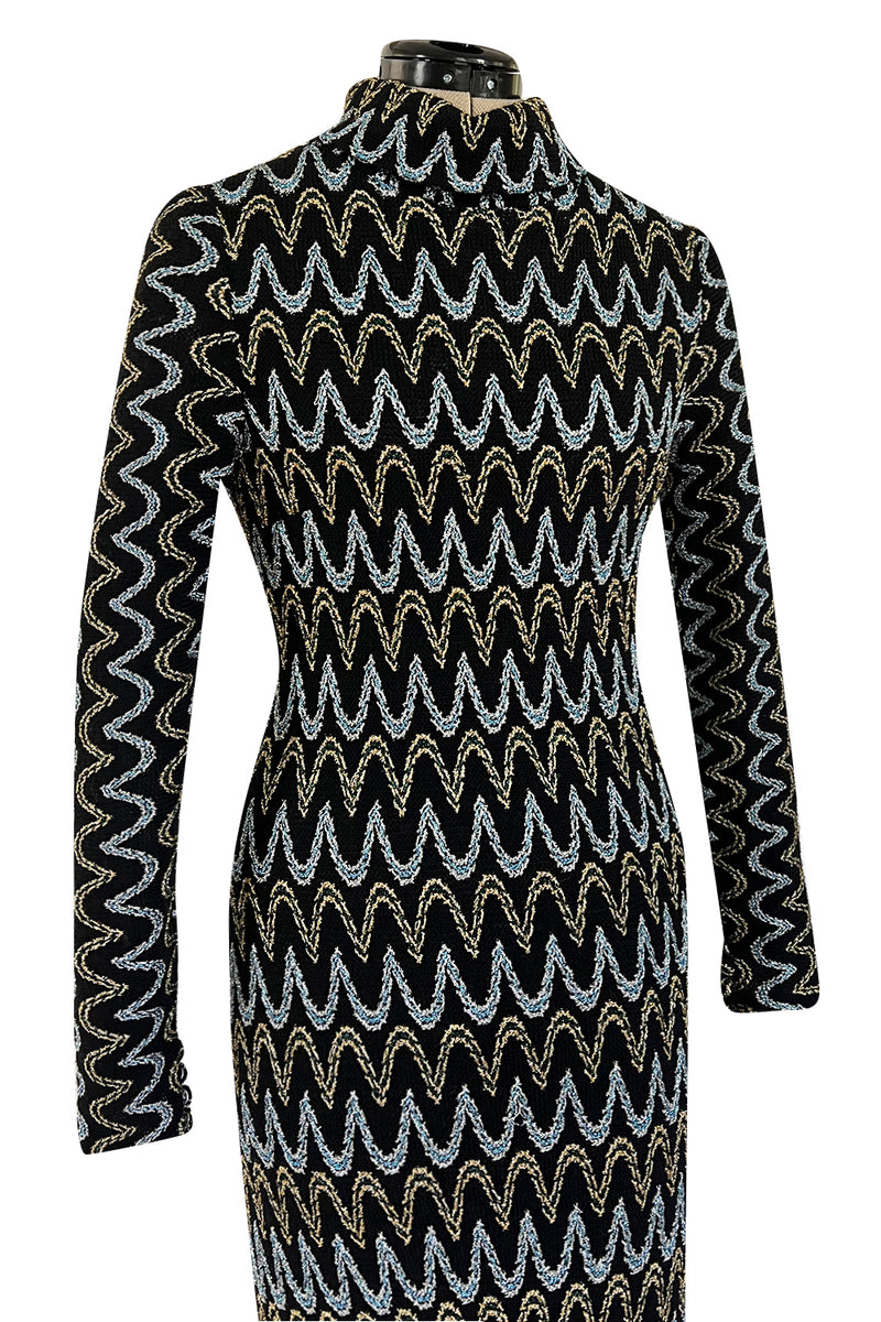 Incredible 1970s Loris Azzaro Metallic Silver & Gold Black On Black Knit Dress