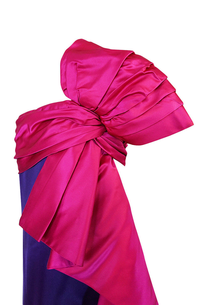 1970s Bill Blass Dramatic Pink & Purple Ruffled Bow Silk Dress ...