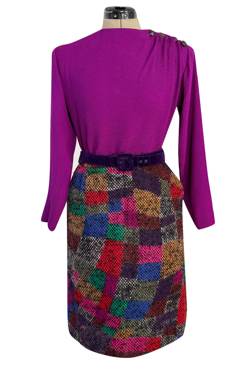 Fall 1991 Ady Couture Lausanne Yves Saint Laurent Haute Couture Copy Wool Patchwork Suit w Silk Top