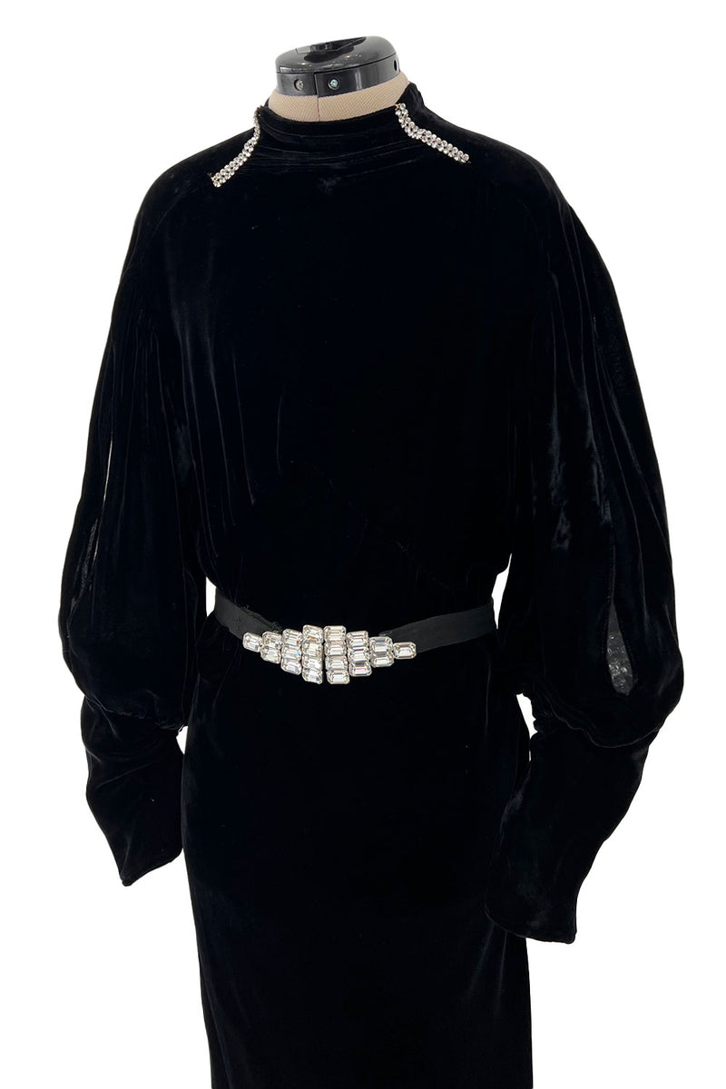 Stunning 1930s Black Bias Cut Silk Velvet Dress w Rhinestone Detail & Brilliant Belt