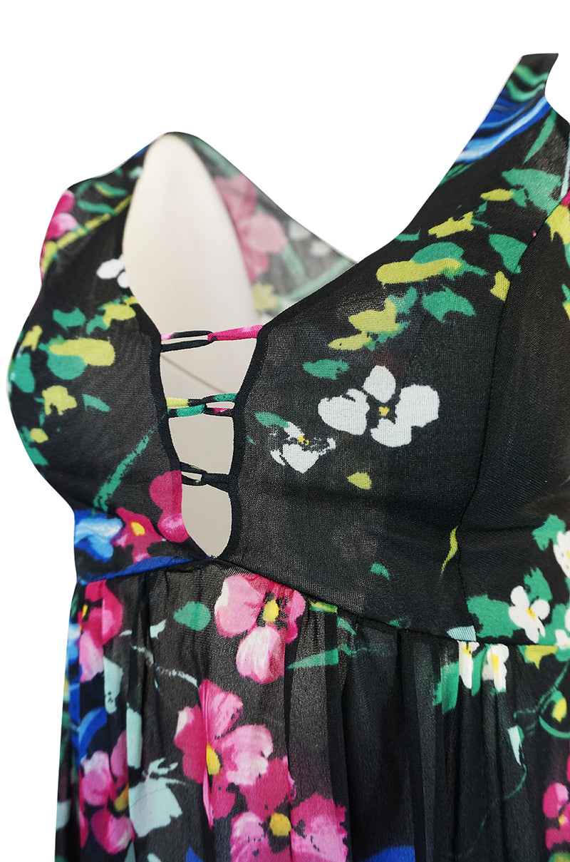 1960s Unlabeled Bright Floral Print On Black Nylon Lingerie Dress