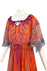 1974 Zandra Rhodes 'Ayers Rock' Australian Collection Hand Painted Coral Silk Chiffon Dress