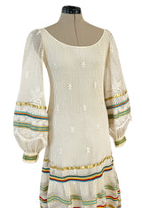 1975 Giorgio Sant' Angelo Hand Crochet Dress w Balloon Sleeves & Metallic Ribbon Detailing