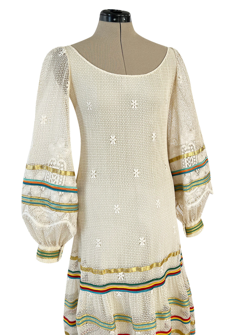 1975 Giorgio Sant' Angelo Hand Crochet Dress w Balloon Sleeves & Metallic Ribbon Detailing