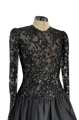 1980s Ady Couture Lausanne Black Lace & Sequin Black Dress w Dropped Full Skirt