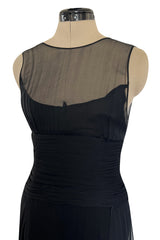1980s Chanel by Karl Lagerfel Black Silk Chiffon Dress w Gold Button Detailing