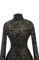 1980s James Galanos Attributed Demi-Couture Black & Metallic Gold Lace Dress Set
