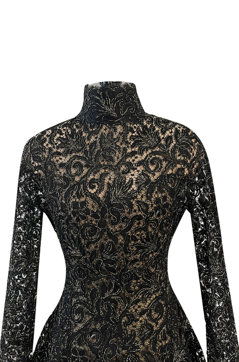 1980s James Galanos Attributed Demi-Couture Black & Metallic Gold Lace Dress Set