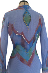 1970s Giorgio Sant Angelo Hand Painted Stretch Blue Net Bodysuit w Gold & Silver Accents