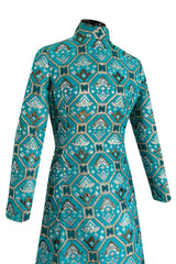 Gorgeous 1970s Mollie Parnis Turquoise Dress w Metallic Gold & Silver Detailing