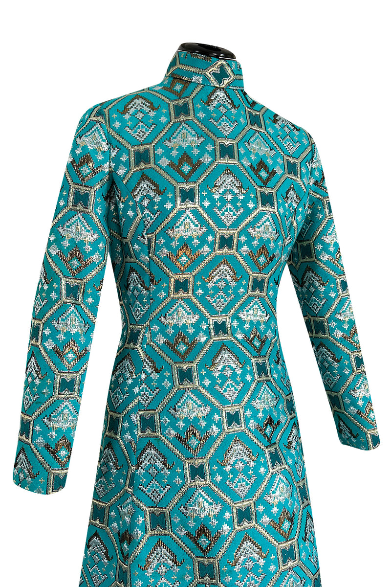 Gorgeous 1970s Mollie Parnis Turquoise Dress w Metallic Gold & Silver Detailing