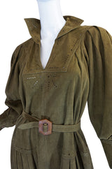 1970s Jean Muir Billowing Sleeve Perforated Olive Suede Dress