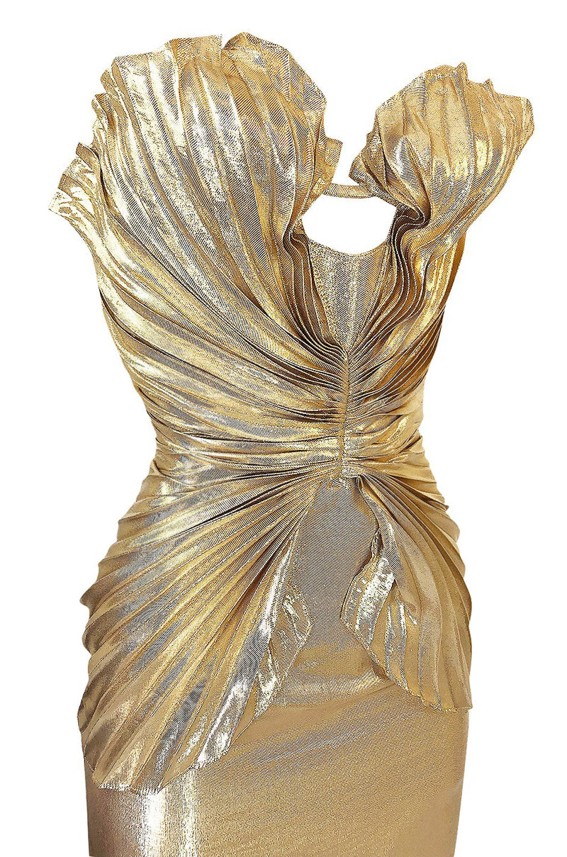 Rare Spring 1985 Thierry Mugler Bombshell Pleated Gold Lurex 'Shell' Dress