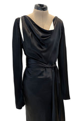 Incredible 2007 Alexander McQueen Original Bias Cut Black Silk Satin Dress w Tie Belt