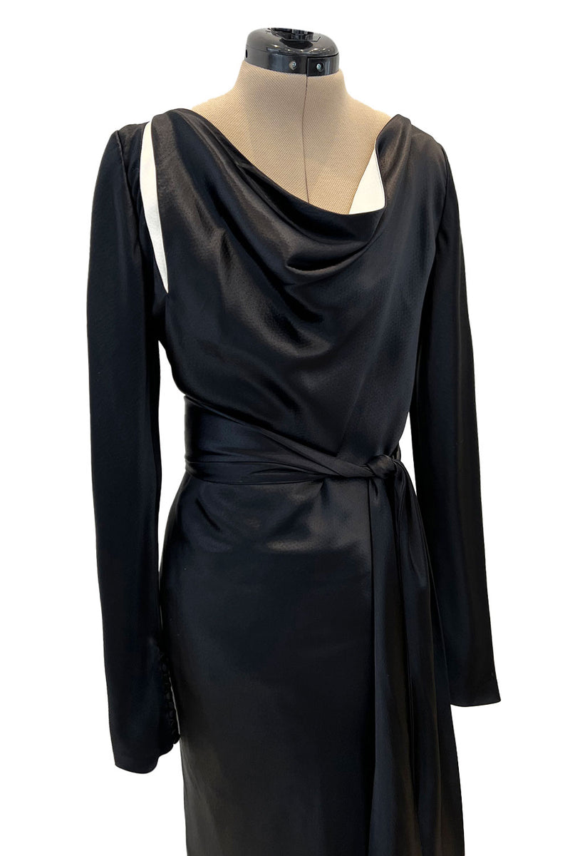 Incredible 2007 Alexander McQueen Original Bias Cut Black Silk Satin Dress w Tie Belt