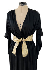 Documented 1980 Bill Tice Plunging Front Black Jersey Dress w Top Stitched Gold Belt