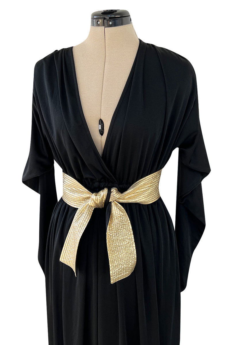 Documented 1980 Bill Tice Plunging Front Black Jersey Dress w Top Stitched Gold Belt