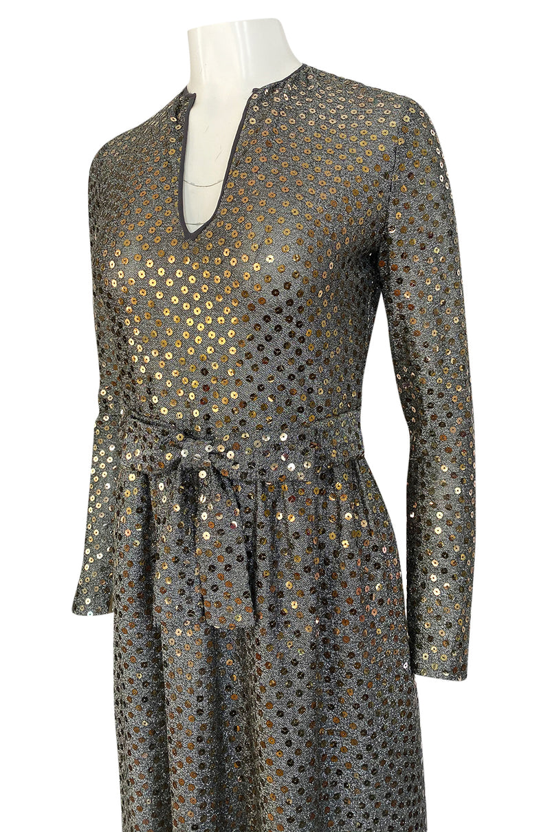 1970s Mollie Parnis Silver Sequin & Knit Lame Jersey Dress w Belt