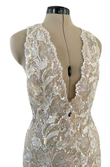 Feather Light Spring 1984 John Anthony Couture Plunging Ivory Lace Dress w Sequin Detailing