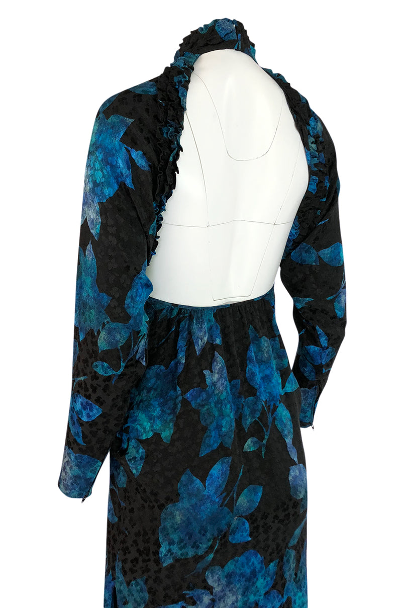 1970s James Galanos Backless Blue Floral Print Ruffled Silk Dress