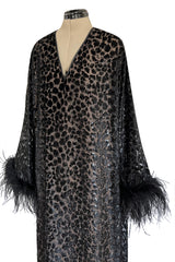 Gorgeous 1990s Valentino Intimo Black Metallic Voided Velvet Feather Cuff Caftan Dress