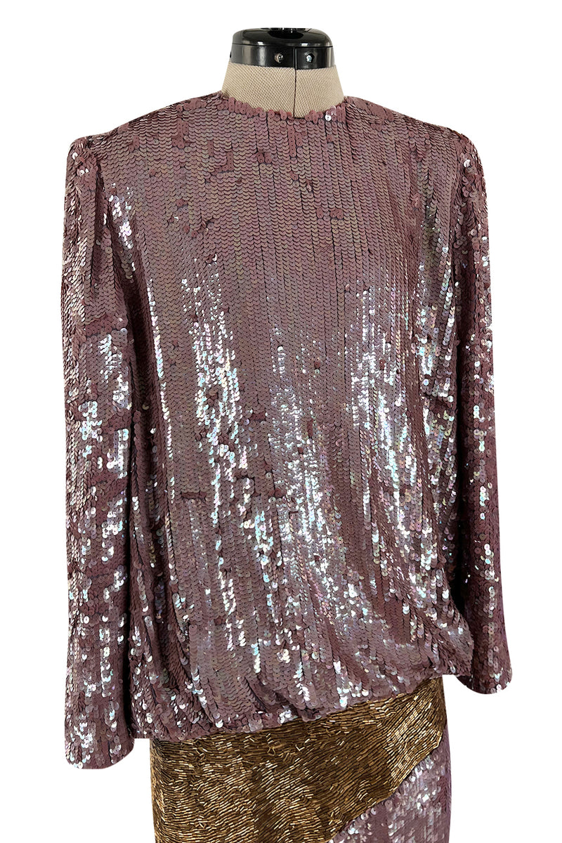 Documented 1982 Bill Blass Sequin & Beaded Dusty Purple, Gold & Silver Dress