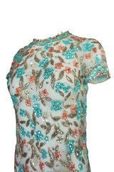 1960s French Pale Blue Hand Beaded & Sequin on Net Dress