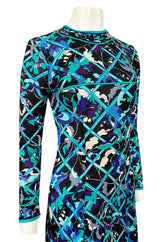 Gorgeous 1960s Emilio Pucci Blue Lattice Print Silk Jersey Maxi Dress