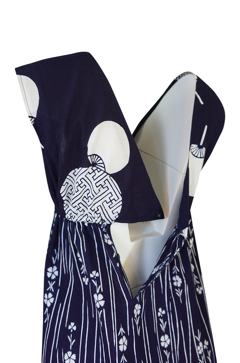 Spring 1977 Hanae Mori Fan & Flower Print Blue Yukata Cotton Dress