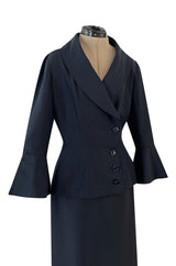 Stunning 1950s Jacques Fath Deep Navy Blue Silk Button Vent & Side Button Jacket Suit