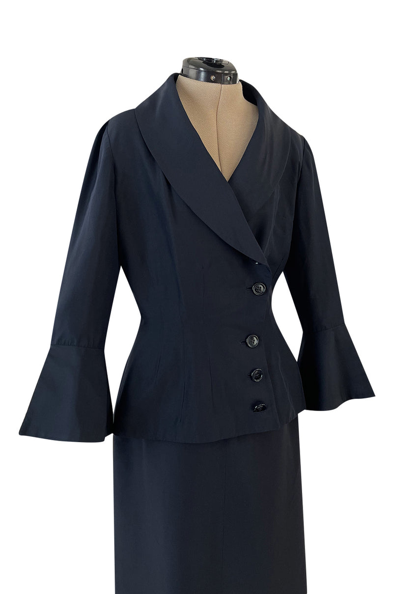 Stunning 1950s Jacques Fath Deep Navy Blue Silk Button Vent & Side Button Jacket Suit