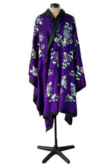Outstanding 1920s Brilliant Floral Embroidered Rich Purple Silk Cape Cut Flapper Coat
