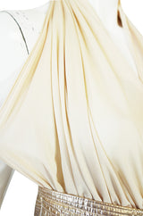 1980 Bill Tice Cream & Gold Backless Jersey Plunge Gown