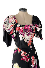 Stunning 1930s Unlabeled Black Silk Crepe Dress w Brilliant Pink & Coral Floral Print